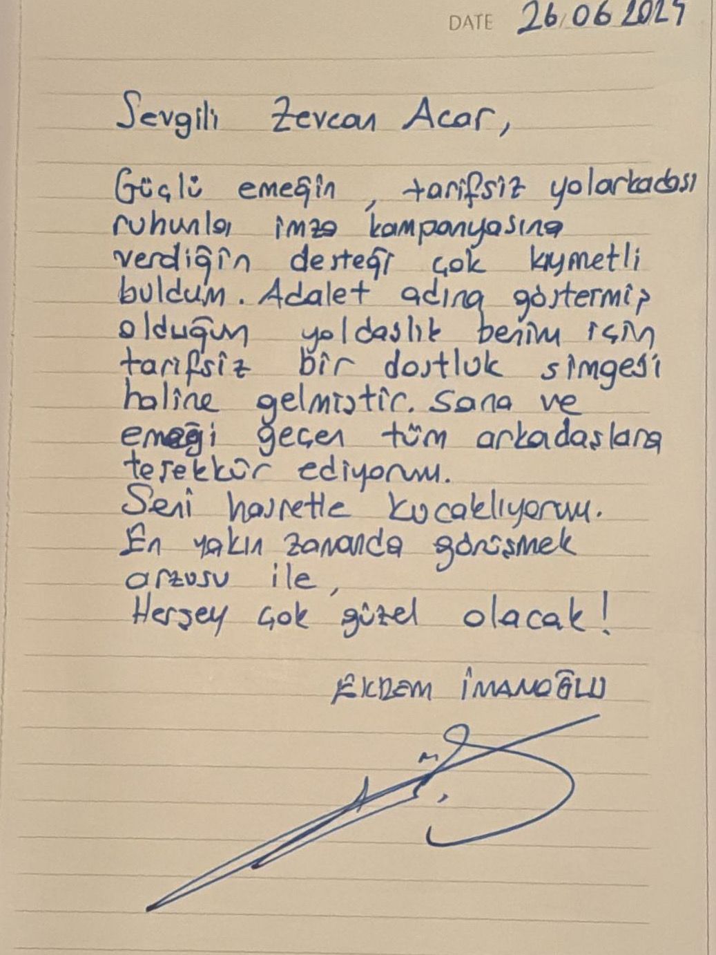 Ekrem İmamoğlu’ndan Zevcan Açar’a teşekkür