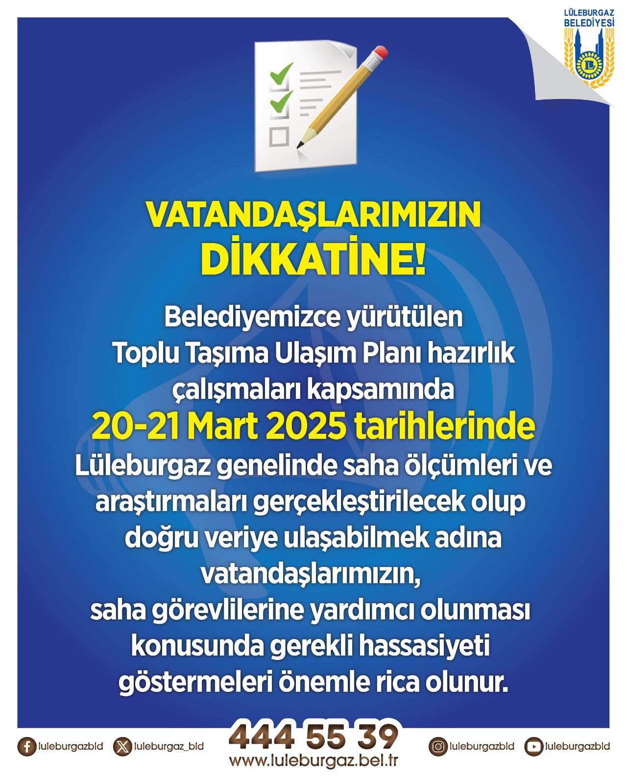 Lüleburgaz Belediyesi'nden Ulaşım Planı İçin Önemli Duyuru